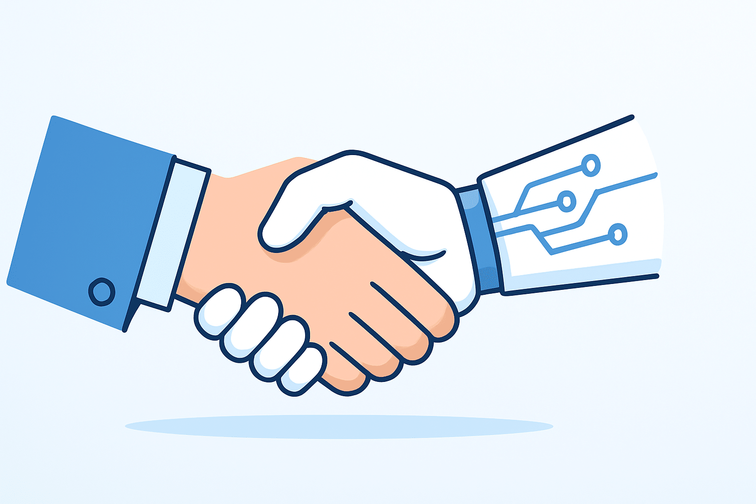 Illustration of a human shaking hands with an AI robotic hand, symbolizing AIQ’s ethical, hyper-personalized behavioural compliance